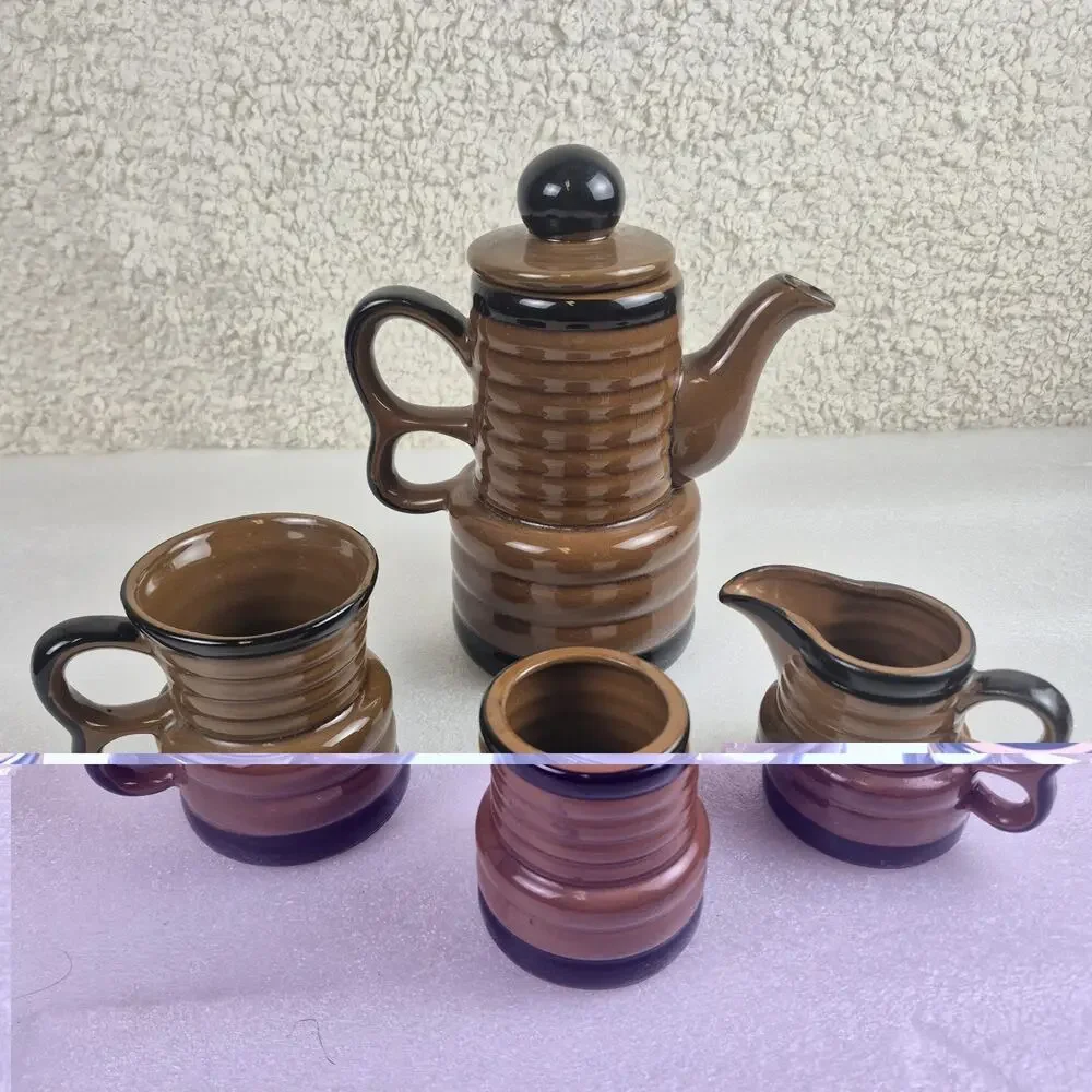 Vintage 1960s Japan Glazed Ribbed Ceramic Coffee Tea Set Pot Sugar Mug 6-Pc